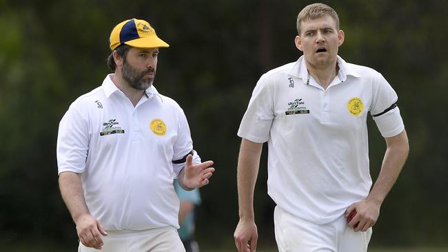 Lower Eltham Captain-coach Andrew Hone and Luke Costa played big roles in their team’s win on Saturday. Picture: Andy Brownbill