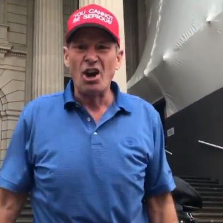 A very serious Sam Newman outside Victoria’s Parliament House. Picture: Instagram