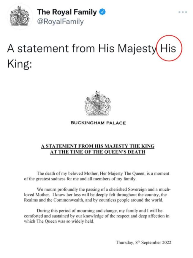 The original tweet from the Royal Family which has since been removed and replaced. Picture: Twitter