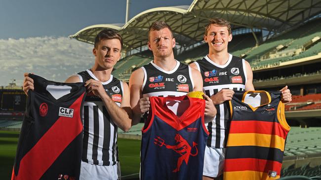 Former Port Adelaide team mates Jack Elsworthy (Kadina) Matt Appleton (Moonta) and Ben Edwards (CMS Crows) are rivals in the Yorke Peninsula Football League. Picture: Tom Huntley