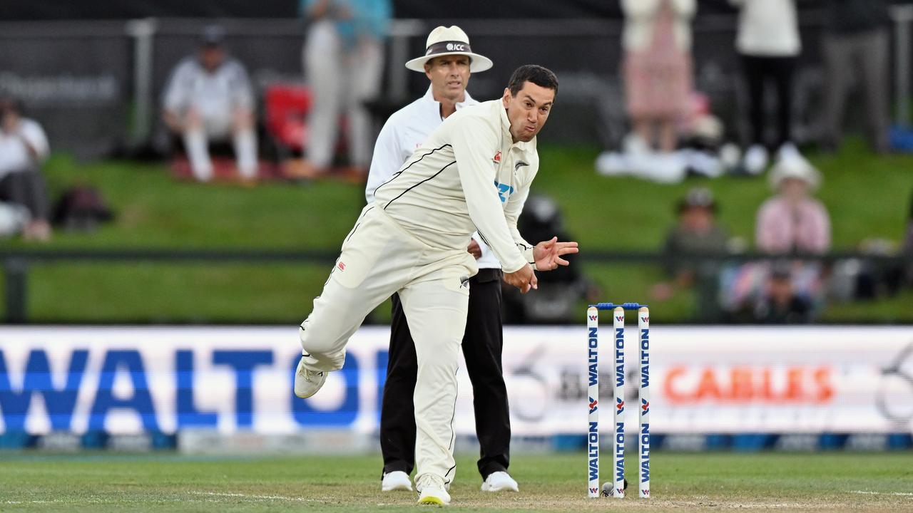 Ross Taylor of New Zealand bowls during day three of the Second Test between New Zealand and Bangladesh at Hagley Oval. Picture: Kai Schwoerer