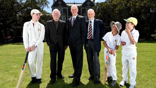 The Chappell brothers (from left), Ian, Greg and Trevor, at the launch of the Greg Chappell Cricket Academy at Prince Alfred College in 2016 with students Lucas Froude, Max Whittle and Blake Roberts. Picture: Sam Wundke