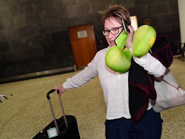 Passenger Selena Brown at Melbourne Airport. Picture: Jake Nowakowski