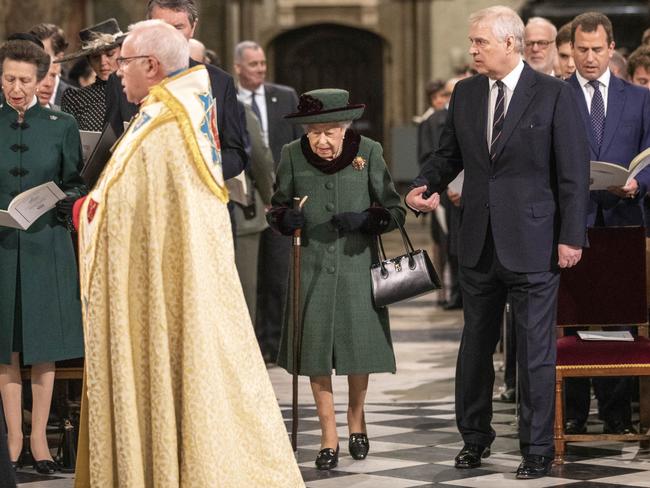 The Queen arrives for Prince Philip’s memorial accompanied by Prince Andrew. Picture: Getty Images