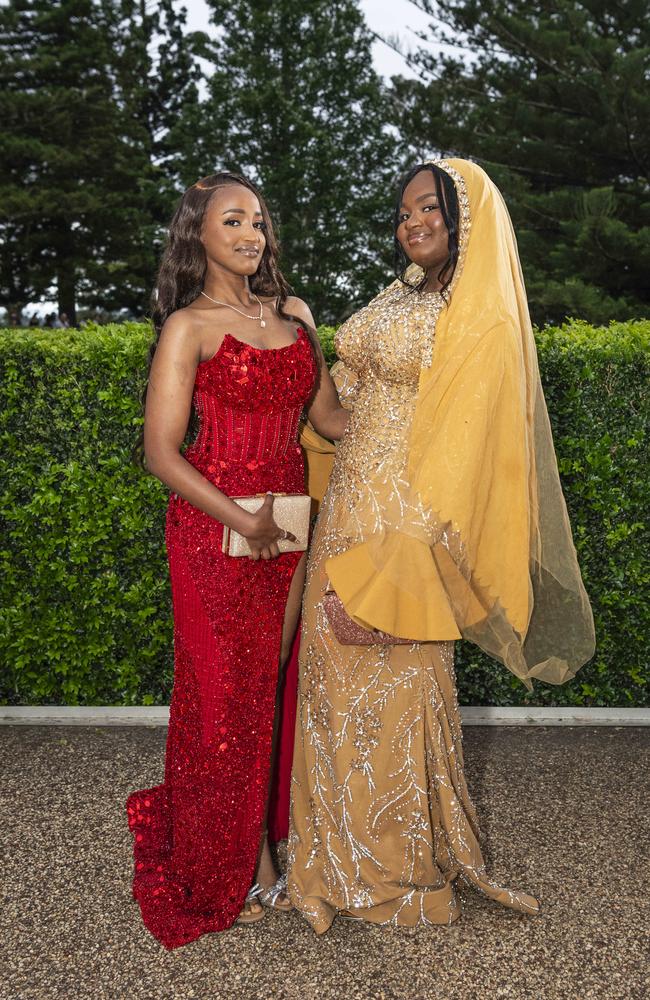 Karene Muyoboke (left) and Marwa Ibrahim at Centenary Heights State High School formal at Picnic Point, Friday, November 15, 2024. Picture: Kevin Farmer