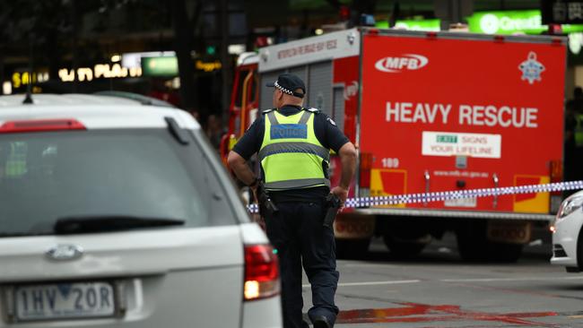 Police are seen in Bourke St after the terror attack. Picture: Robert Cianflone, Getty Images.