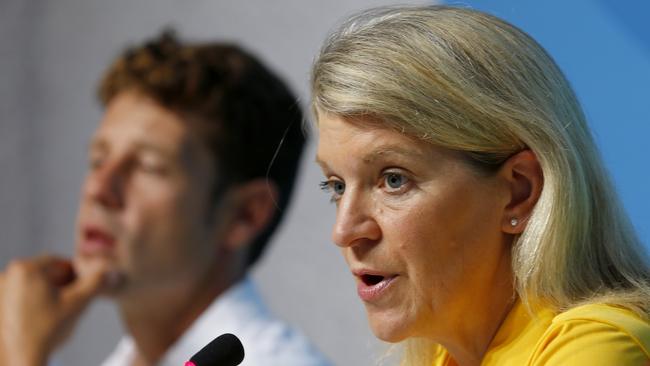 Australian Chef de Mission Kitty Chiller addresses the media in Rio following reports of thefts from the team. Picture: Cameron Tandy