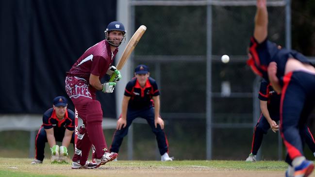 Caboolture batsman Glen Batticciotto keeps an eye on the ball.