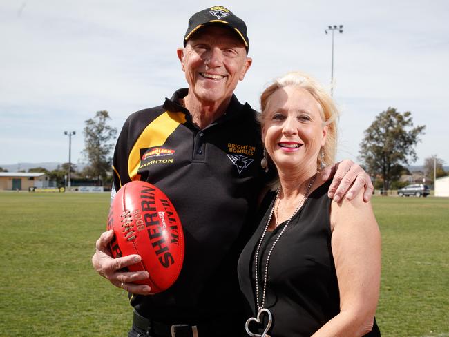 14/9/2018 Ex-SANFL star John Schneebichler with his wife, Jenny. John is battling cancer but hasn't taken a backwards step from Brighton Football Club, where he is footy director. Brighton is playing St Peter's Old Collegians in the div 2 grand final on Saturday. Picture MATT TURNER.