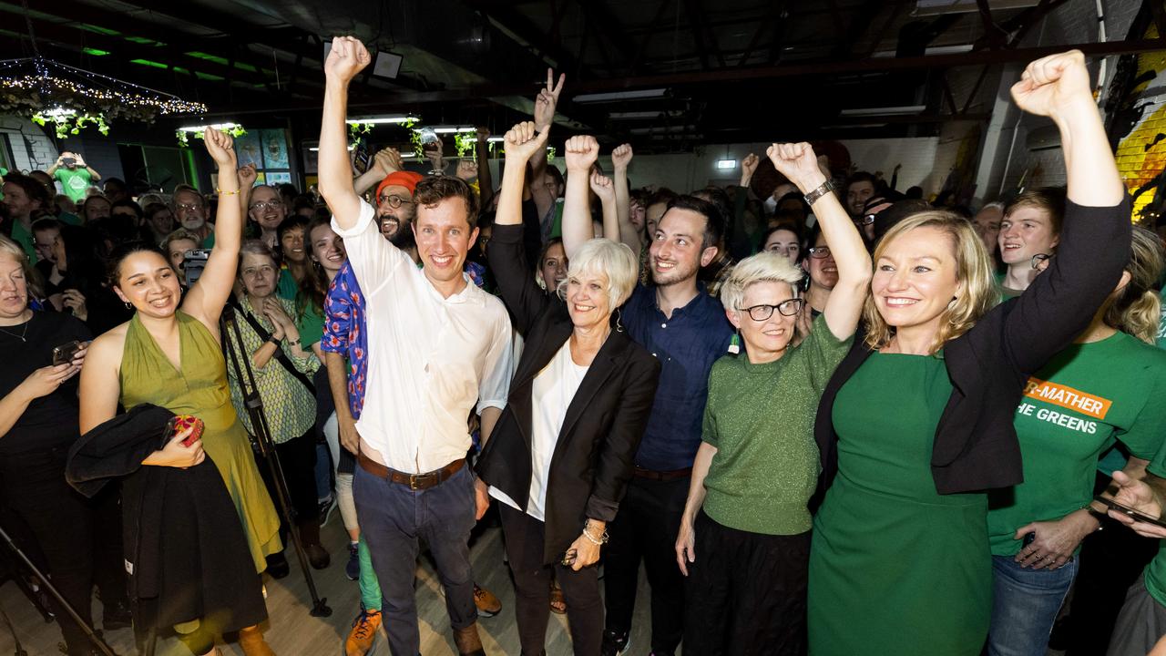 Max Chandler-Mather, Elizabeth Watson-Brown, Stephen Bates, Penny Allman-Payne and Larissa Waters celebrate at the Greens party after the federal election in 2022. Picture: Richard Walker