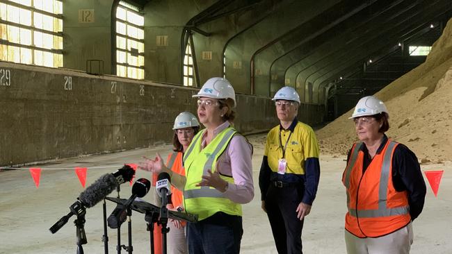 (From left to right) Health Minister Yvette D'Ath, Queensland Premier Annastacia Palaszczuk, North Queensland Bulk Ports CEO Nicolas Fertin and Mackay MP Julieanne Gilbert visit Shed 4 at the Port of Mackay on May 31. Record exports have gone through the port this year and Premier Palaszczuk said the good results would be reflected in June's budget. Picture: Duncan Evans