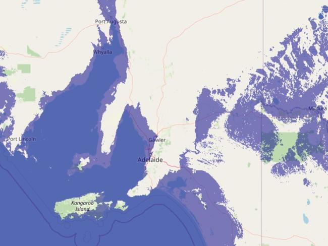 Adelaide if sea levels rose by 60+ metres. Picture: flood.firetree.net