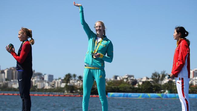 Australia's Kim Brennan celebrates winning the gold medal. Pic: Brett Costello