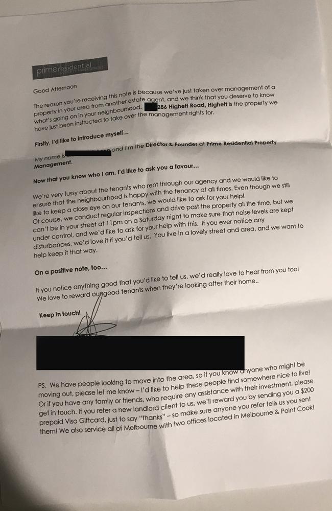 A letter sent from a property manager to residents in Highett asking them to report issues with a tenant.