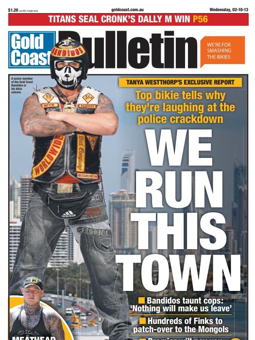 A Gold Coast Bulletin front page at the height of the bikie war in late 2013