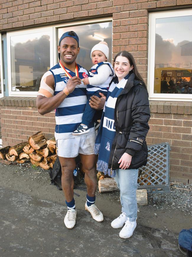 West Gippsland league grand final match 2024 — Phillip Island Bulldogs V Nar Nar Goon "The Goon" Football Club at Garfield Recreation Reserve on September 14, 2024: Jay Jay Peni, Miles and Jasmine Shandley. Picture: Jack Colantuono