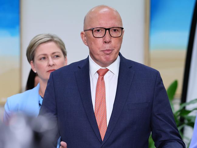 BRISBANE, AUSTRALIA - NewsWire Photos OCTOBER 4, 2024: Peter Dutton speaks to the media at a Beyond DV announcement during the oppositionÃs election campaign. Picture: NewsWire/Tertius Pickard