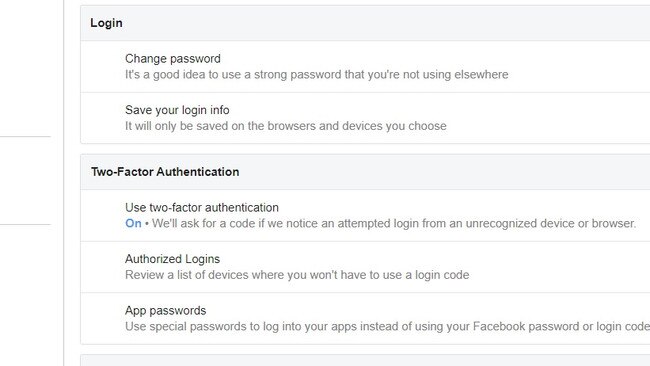 Facebook’s two-factor authentication setting