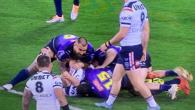 Melbourne’s Nelson Asofa-Solomona has come under fire for his aggressive approach. Picture: Supplied