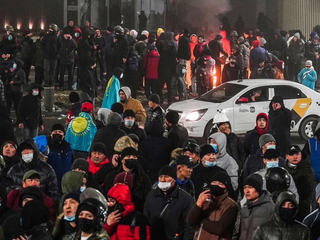 Protesters take part in a rally over a hike in energy prices in Almaty on January 5. Picture: Abduaziz Madyarov/AFP