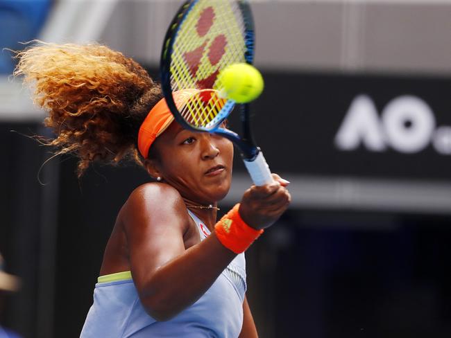 Naomi Osaka hit Ash Barty off the court. Picture: Michael Klein