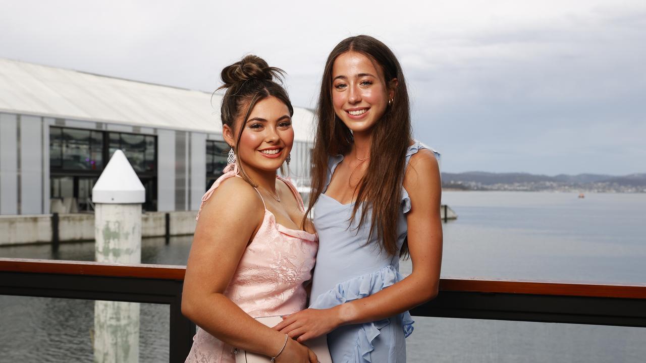 Sienna Woodford and Ella Atkins. Fahan School leavers dinner 2023 at Franklin Wharf. Picture: Nikki Davis-Jones