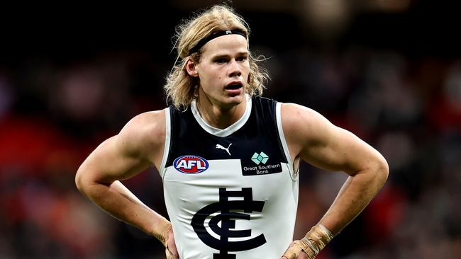 SYDNEY, AUSTRALIA - JULY 06: Tom De Koning of the Blues looks on during the round 17 AFL match between Greater Western Sydney Giants and Carlton Blues at ENGIE Stadium, on July 06, 2024, in Sydney, Australia. (Photo by Brendon Thorne/AFL Photos/via Getty Images)