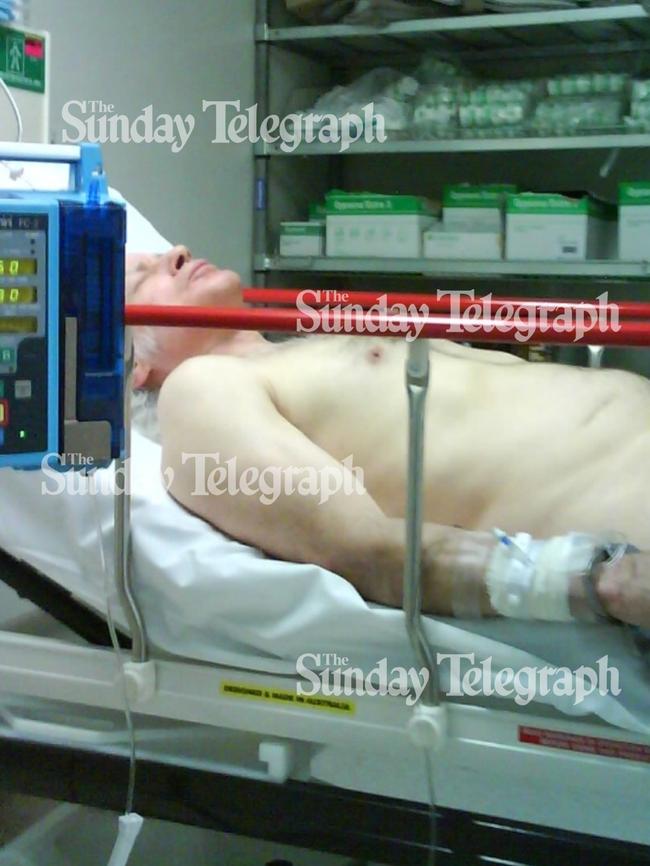 Milat as he lays in a hospital bed in Goulburn in 2009 after cutting his own finger off.