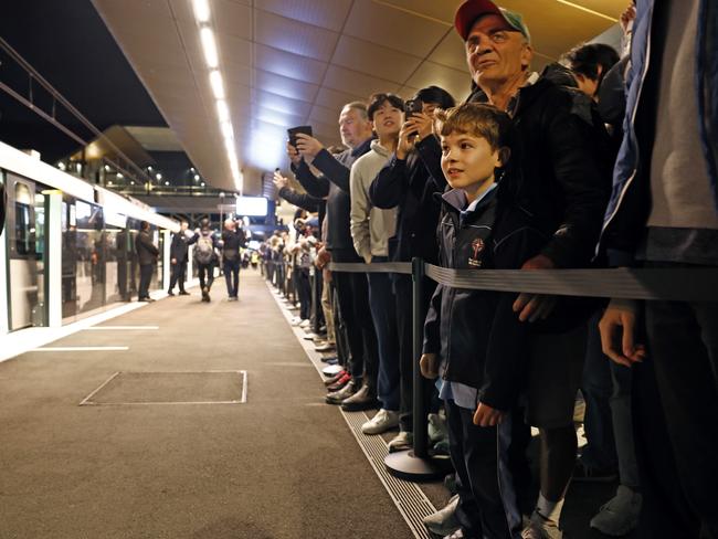 Dozens of people have gathered at Tallawong Metro station ready to use the first service of the day. Picture: Richard Dobson