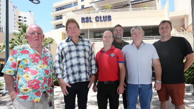 Pictured at the Surfers Paradise RSL Club are, from left, president Ross Eastgate, Ryan Global founder Evan Ryan, a regular who has stepped in to save the venue, club manager Jay Stopford, Ryan Global’s Scott Ryan and Paul Ryan and Ingrams Australia director Grant Doran who is overseeing the revamp. Picture: Mike Batterham