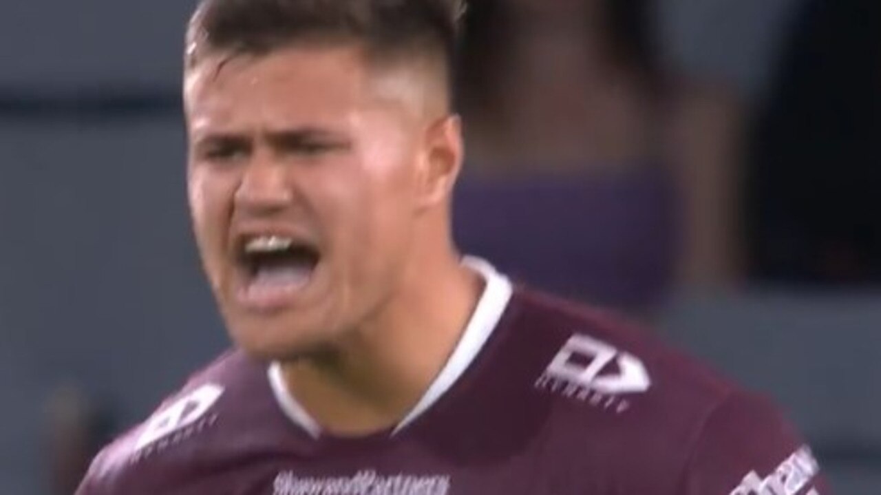 Josh Schuster was furious, after Manly were denied a 'beautiful try' over a controversial forward pass call. Picture: Fox League.