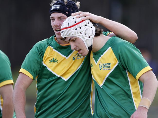 Hunter Sports celebrating a try during the NRL Schoolboy Cup match between Bass Hill and Hunter Sports at Terry Lamb Complex in Chester Hill. Picture: Jonathan Ng