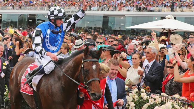 Protectionist delivered Ryan Moore’s first Melbourne Cup. Picture: Scott Barbour—Getty Images.