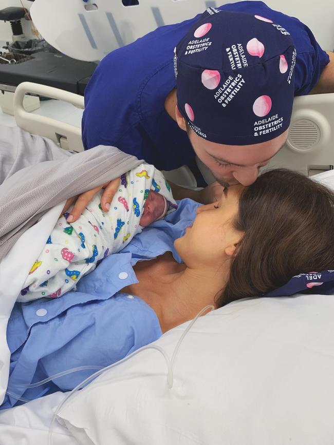 Kayla Itsines and Tobi Pearce announce the birth of Arna Leia Pearce on Instagram in April 2019. Picture: supplied