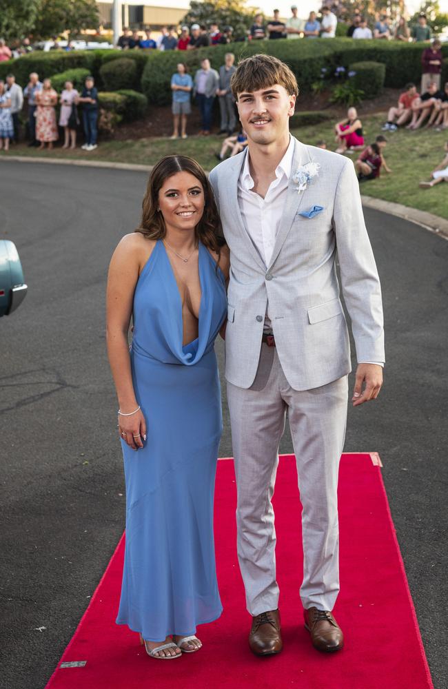 Graduates Chelsea Brunner and Martin Logan arrive at Mary MacKillop Catholic College formal at Highfields Cultural Centre, Thursday, November 14, 2024. Picture: Kevin Farmer