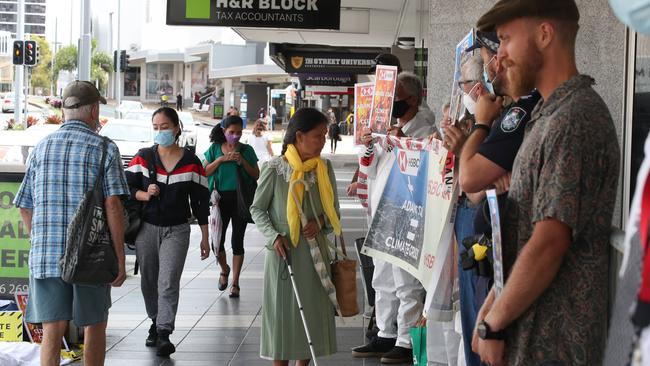 The group plans to maintain a presence outside the branch all day, watched by local police. Picture: Glenn Hampson