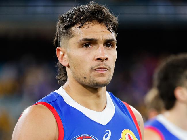 MELBOURNE, AUSTRALIA - SEPTEMBER 06: Jamarra Ugle-Hagan of the Bulldogs looks dejected after a loss during the 2024 AFL Second Elimination Final match between the Western Bulldogs and the Hawthorn Hawks at The Melbourne Cricket Ground on September 06, 2024 in Melbourne, Australia. (Photo by Dylan Burns/AFL Photos via Getty Images)