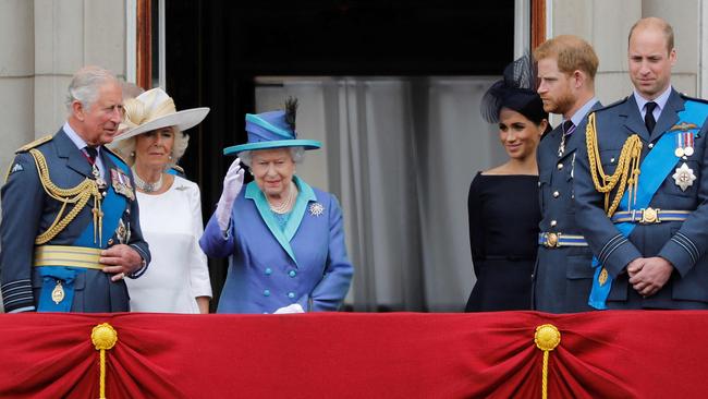 The Royal Family divided. This picture was taken on July 10, 2018 with (from left) Prince Charles, Camilla, Queen Elizabeth II, Meghan, Duchess of Sussex, Prince Harry and Prince William. Picture: Tolga Akmen/AFP