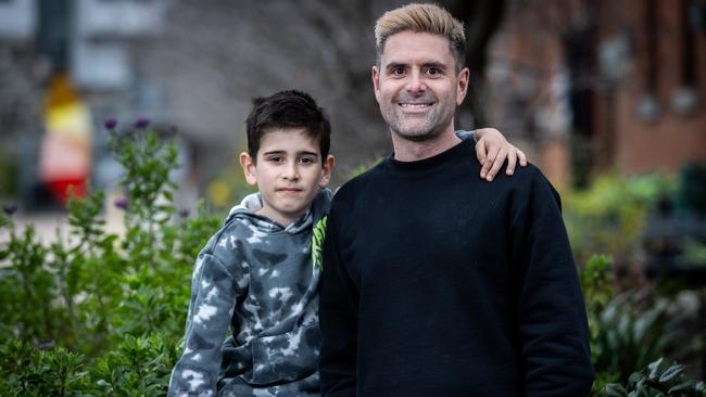 Evan Groves, pictured with eight-year-old son Jensen, has been on the waitlist for what will be his third kidney transplant after his latest one stopped working in March. Picture: Jake Nowakowski