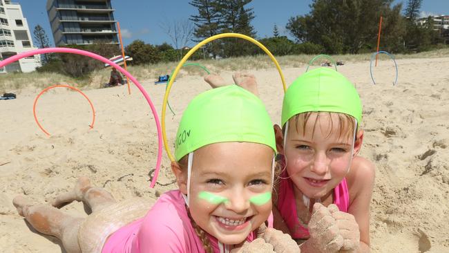 Pictured at North Burleigh Beach two of the North Burleigh Surf Club’s 600 nippers. L-R Indigo Wise 6 and Axel Hogbin 7. Pic Mike Batterham