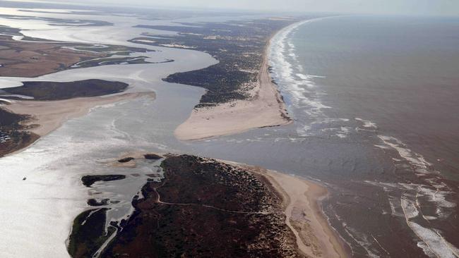 Water flowing out of the mouth of the Murray River into the Bight. Picture: Dean Sewell/Oculi