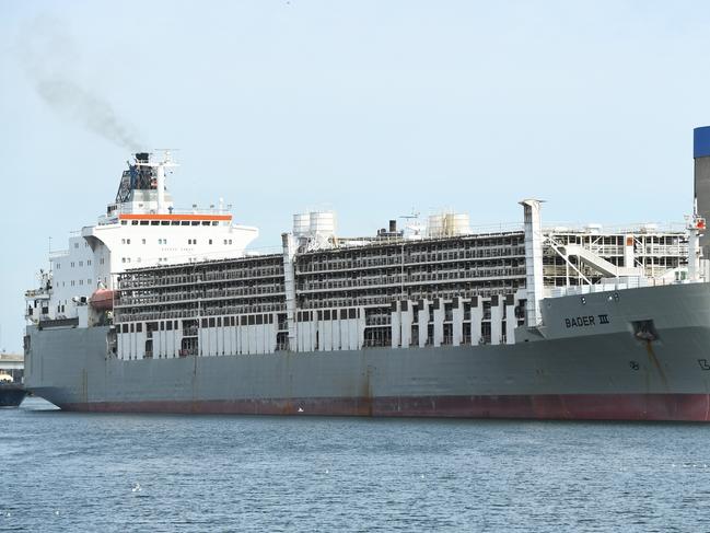 Livestock transport ship, Bader lll, leaves Inner Harbour, Port Adelaide, Saturday, April 28, 2018. The ship is preparing to head to Freemantle today to collect more livestock, after sheep and cattle were loaded overnight amidst protests. (AAP Image/Mark Brake) NO ARCHIVING