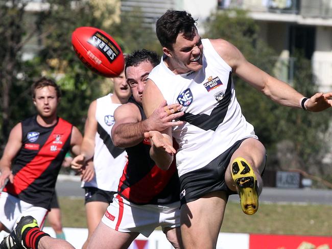 NEAFL, Southport v Eastlakes at Southport Sharks. Photo of Tyson Kruse tackled by Ben Maiden.