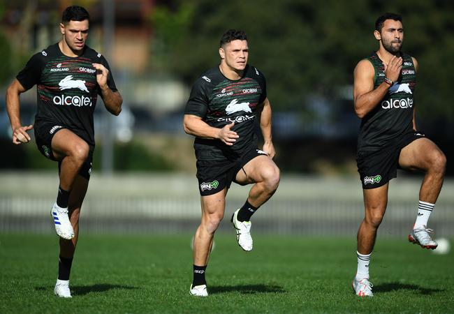 (L-R) Braidon Burns, James Roberts and Alex Johnston during a training session at Redfern Oval.