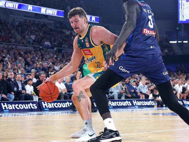 MELBOURNE, AUSTRALIA - MARCH 31: Will Magnay of the JackJumpers drives to the basket during game five of the NBL Championship Grand Final Series between Melbourne United and Tasmania JackJumpers at John Cain Arena, on March 31, 2024, in Melbourne, Australia. (Photo by Daniel Pockett/Getty Images)