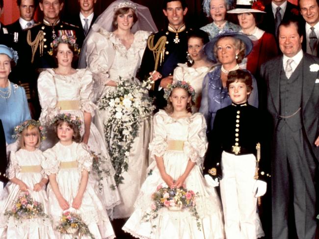 An official photo of the wedding of Princess Diana and Prince Charles in 1981. Clemmie Hambro is at front left. Picture: AFP