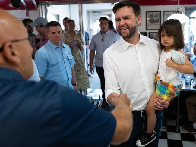 Republican vice presidential nominee JD Vance with daughter Maribel Vance in Minnesota. Picture: AFP