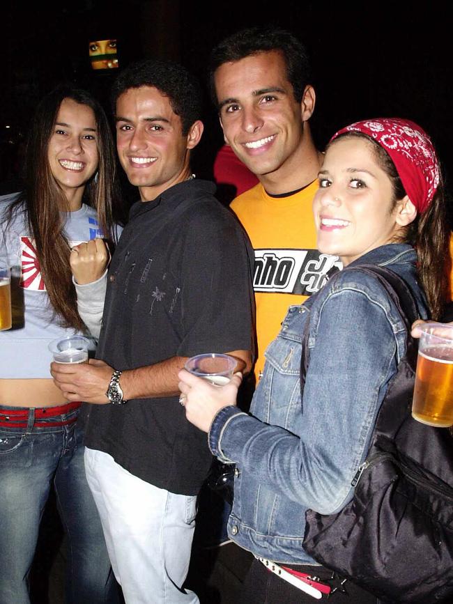 Suellan Paiva, Danilo Pinto, Vitor Slater and Fermamda Akel at Surfers Paradise Beer Garden in 2002.