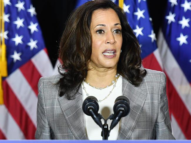 Democratic vice presidential running mate, US Senator Kamala Harris, speaks to the press. Picture: AFP.