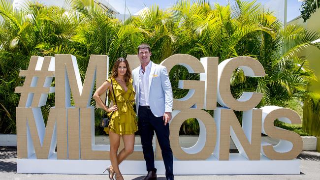 Kylie Adams and Jonathan Brown at the Magic Millions race day on Saturday at the Gold Coast Turf Club. Picture: Jerad Williams